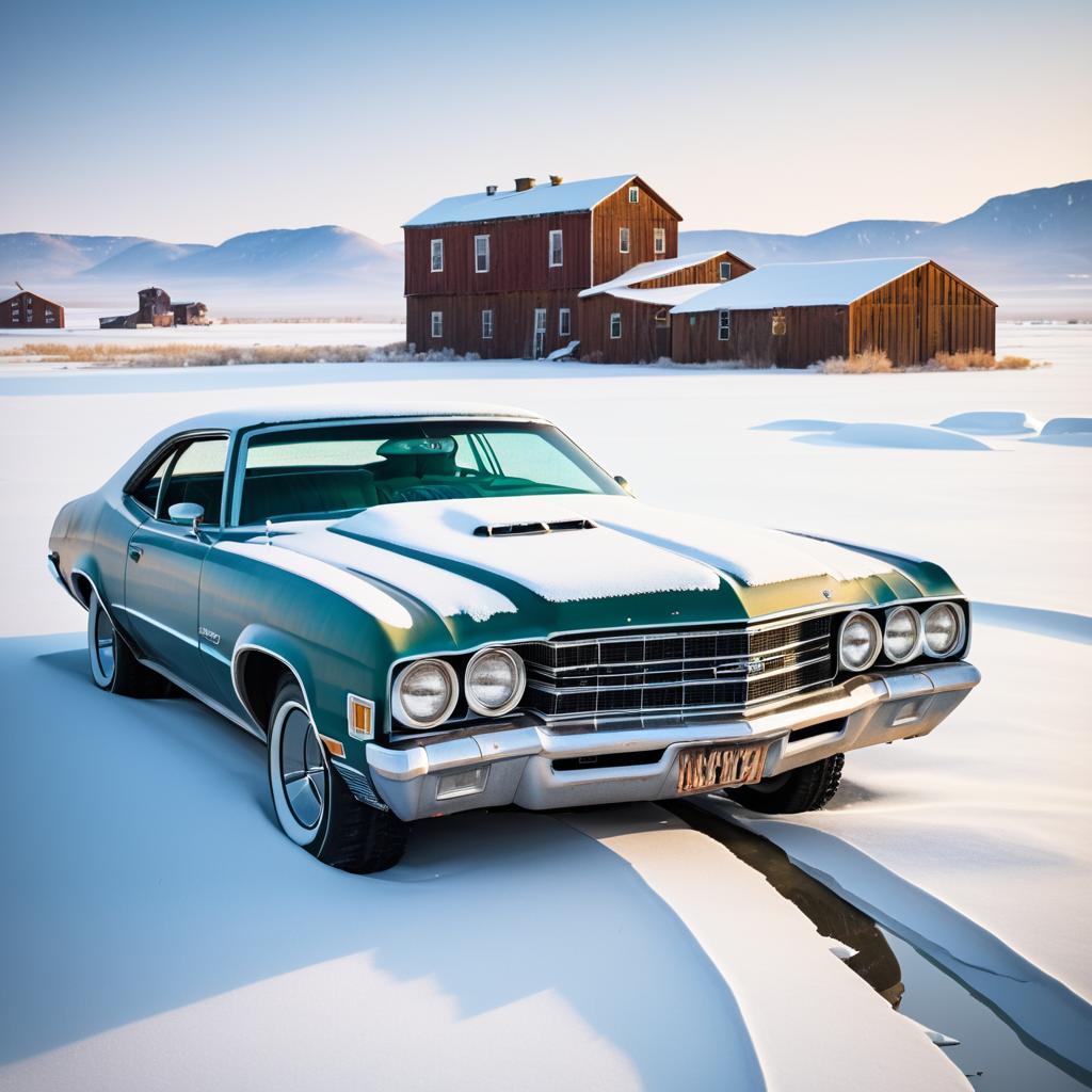 1970s Muscle Car in a Snowy Ghost Town