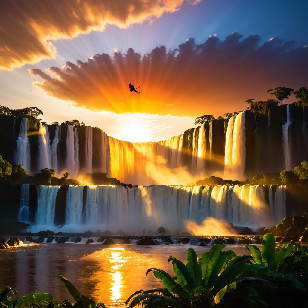 Vibrant Iguazu Falls Sunset with Macaw