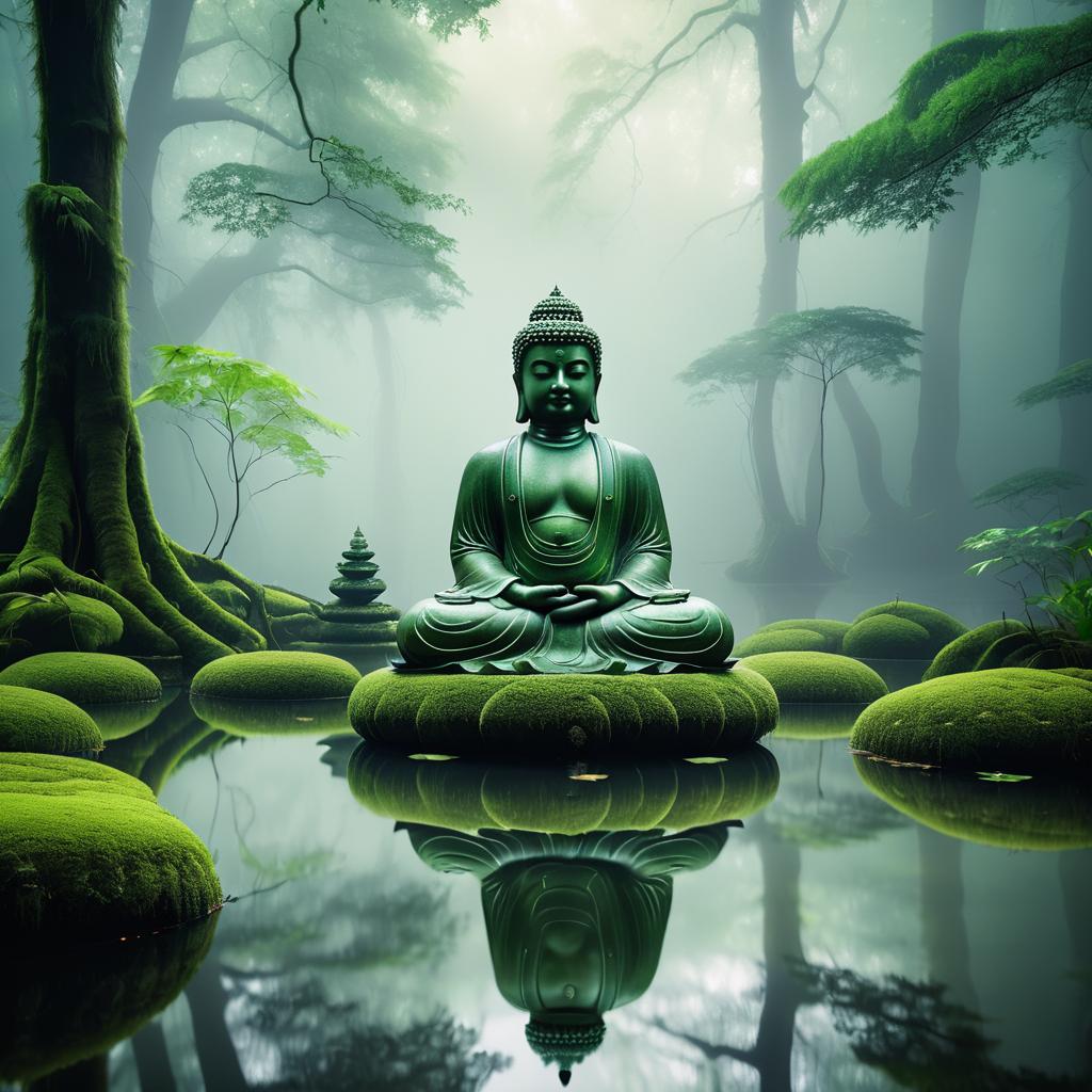 Serene Buddha Statue in Misty Forest Pond