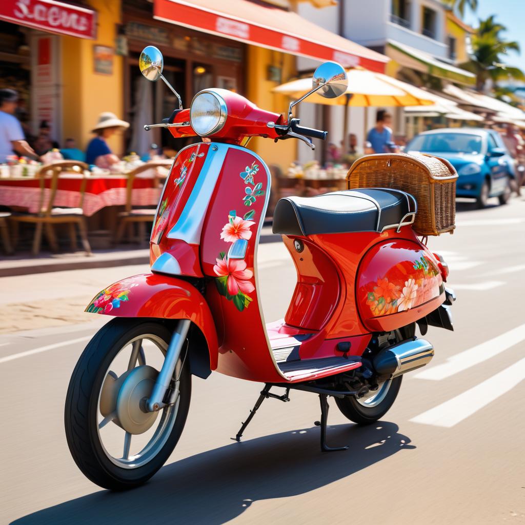 Vibrant Red Moped on Beach Promenade