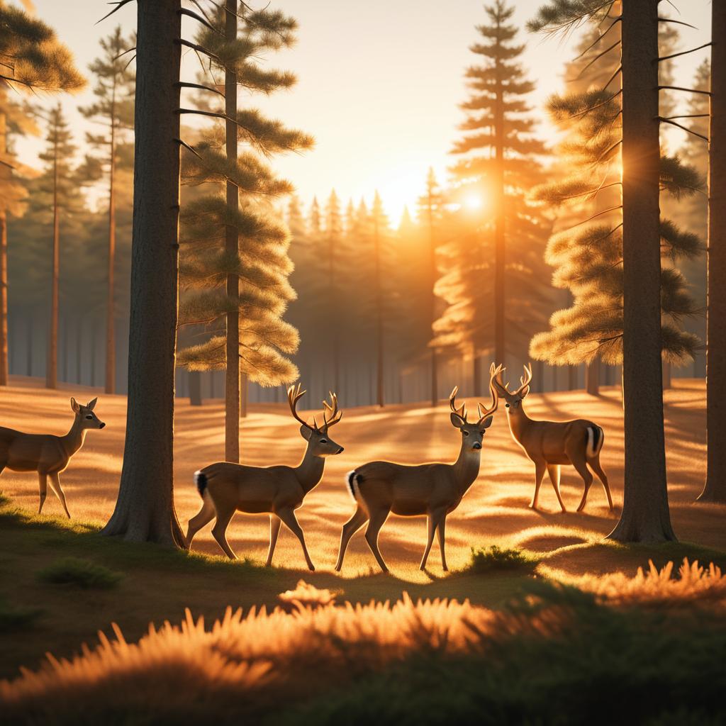 Serene Sunset: Deer Family in Forest