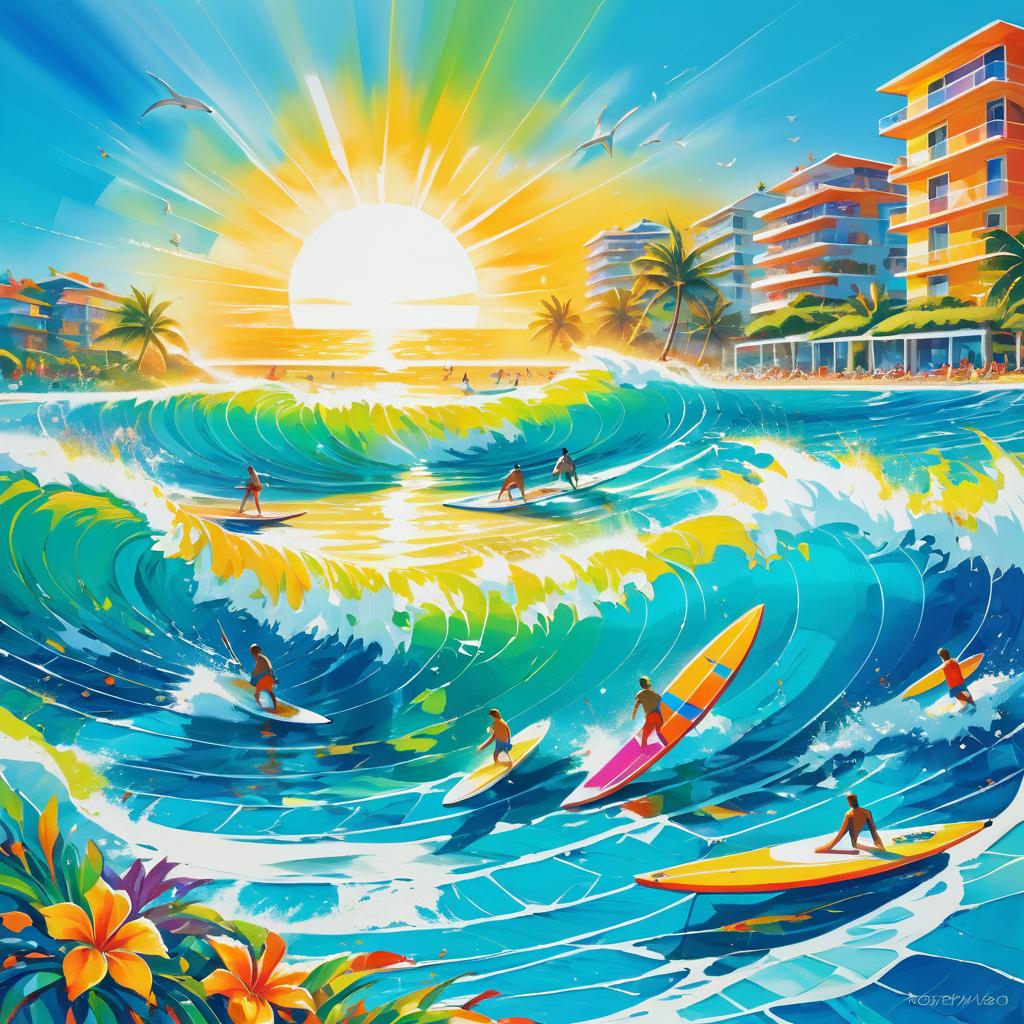 Vibrant Ocean Scene with Surfers and Dolphins