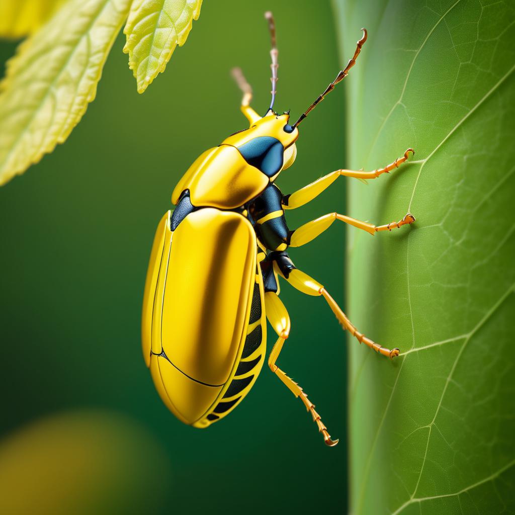 Hyper-Realistic Golden Yellow Beetle Climbing