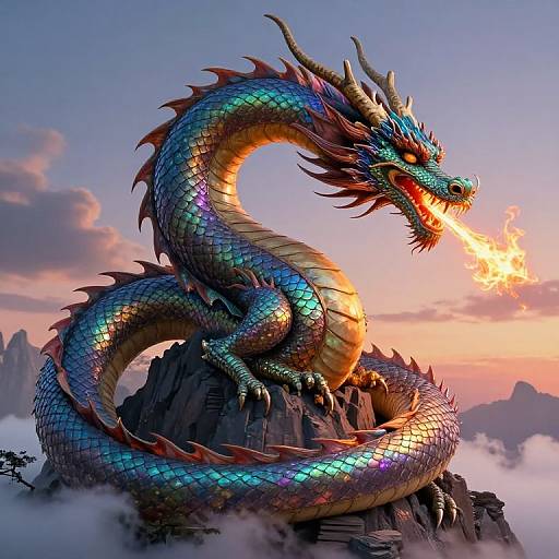 Digital artwork of a vibrant, multi-colored dragon with fiery breath, coiled on a rocky mountain peak during a sunset. Clouds and distant mountains in