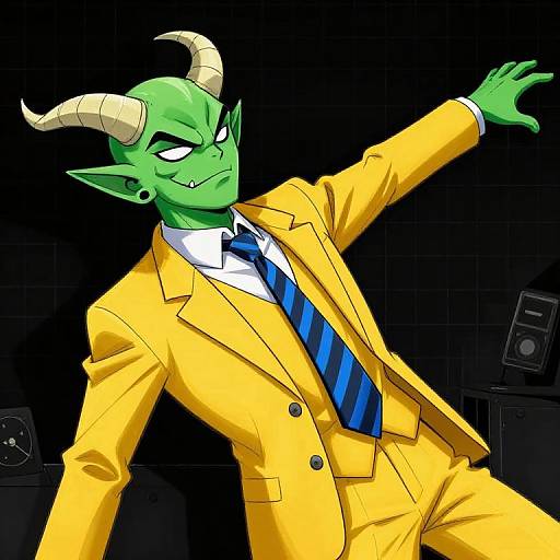 Digital art of a green-skinned, horned demon in a yellow suit, blue striped tie, leaning dramatically with a confident smirk.