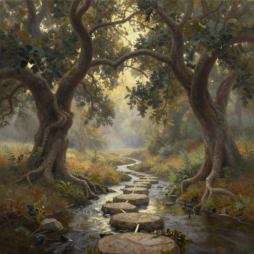 Misty Forest Clearing with Intertwined Oak Trees