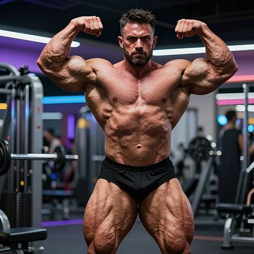 Photograph of a muscular, bearded man with short dark hair, flexing his biceps in a gym, wearing black briefs, showcasing defined