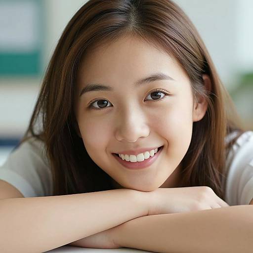 Close-up photograph of a smiling Asian woman with long brown hair, white shirt, and fair skin, arms crossed under chin. Bright background.