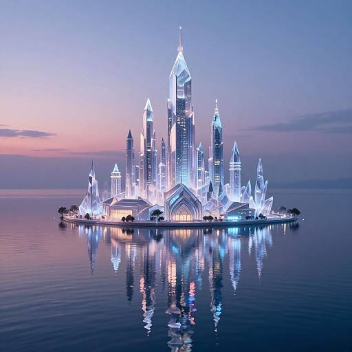 Photograph of a futuristic, neon-lit, skyscraper island at twilight, reflecting in calm water, with a pastel pink and blue sky background