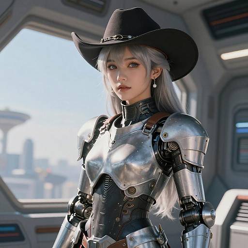 Futuristic Mecha Girl in Cowboy Hat