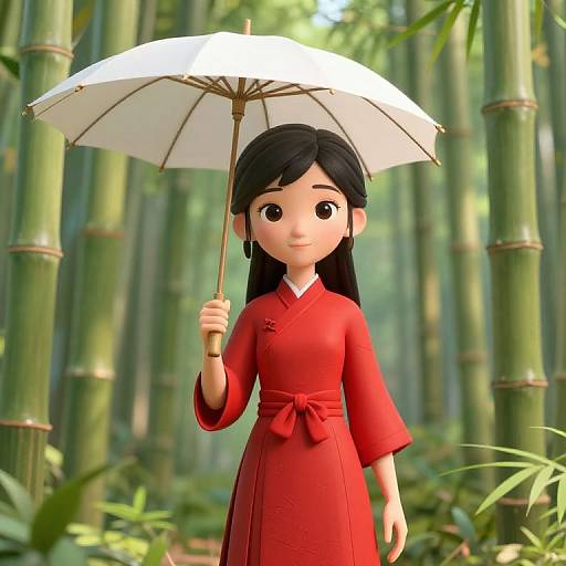 Chinese Girl in Red with White Umbrella in Bamboo Forest