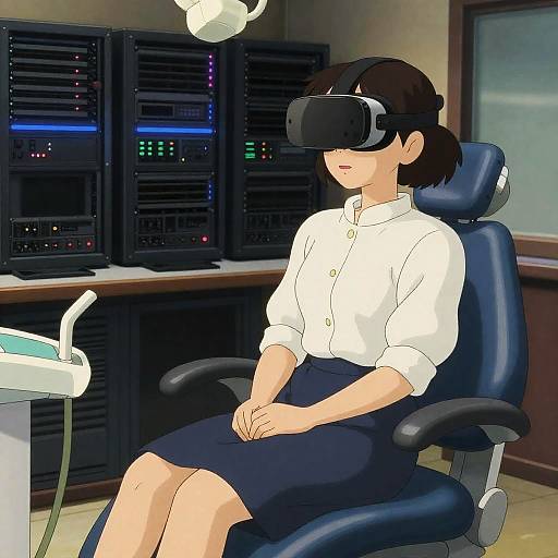 Digital anime-style illustration of a woman in a white blouse and black skirt, wearing a VR headset, sitting in an office chair in front of server racks