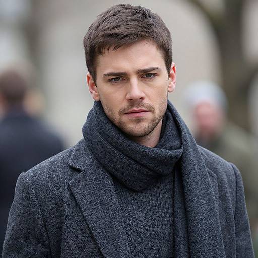 Photograph of a serious-looking, fair-skinned man with short brown hair, wearing a dark gray overcoat and matching scarf, standing outdoors in a
