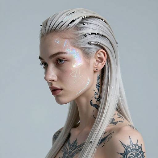 CGI portrait of a pale-skinned, tattooed woman with long, white, braided hair, glowing white markings on her face, and intricate
