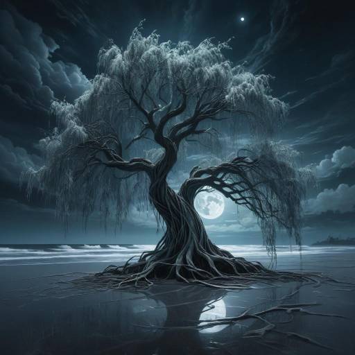 Cyberpunk Willow Tree on Moonlit Beach Cyberpunk Willow Tree on Moonlit Beach