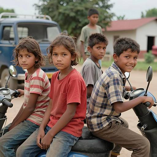 Children Sitting on Blue Scooter in Rural Area