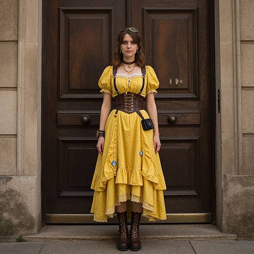 Photograph of a young woman in a yellow Victorian-style dress with black corset, lace details, and black boots, standing in front of a dark