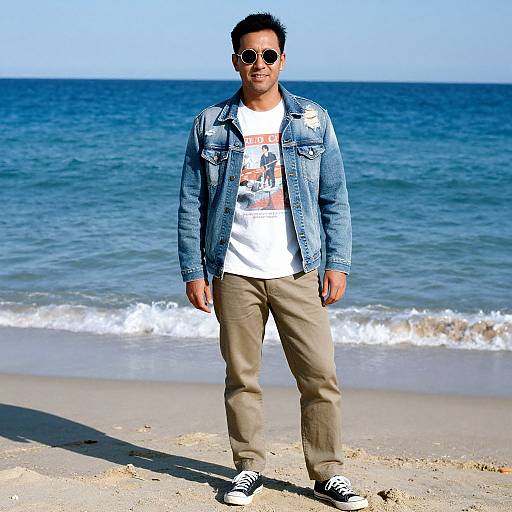 Photograph of a man with short black hair, wearing sunglasses, a denim jacket, white tee, beige pants, and black-and-white shoes, standing