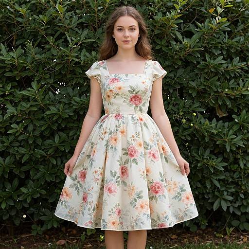 Photograph of a young white woman with long brown hair, wearing a white floral dress, standing against lush green foliage.