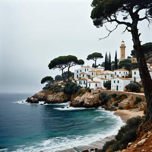 Mediterranean Coastal Village with Lighthouse
