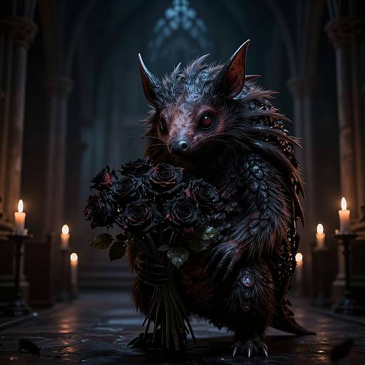 Digital art of a dark, mystical, fur-covered creature with glowing eyes holding a bouquet of roses in a gothic cathedral, surrounded by lit candles.