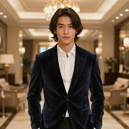 Photograph of an Asian man with wavy black hair in a dark navy velvet suit, white shirt, standing in a luxurious, warmly lit, orn