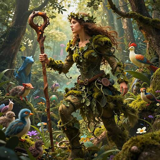 Fantastical forest scene: A green, moss-covered, fairy-like woman with a wooden staff, crowned with leaves, surrounded by colorful birds and vibrant