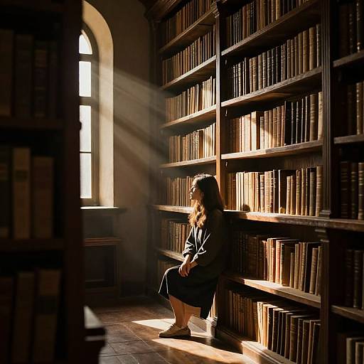 Photograph: Sunlit library, woman with long hair in black dress sitting on shelf, rays of sunlight streaming through arched window.