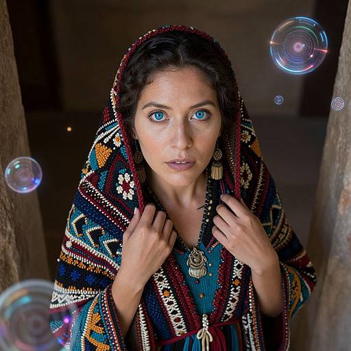 Photograph of a woman with striking blue eyes, wearing a colorful, patterned shawl, surrounded by floating bubbles, hands gently holding the shawl