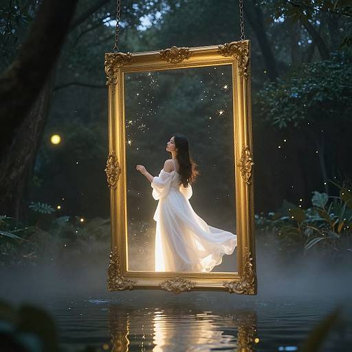 Photograph of a woman in a flowing white dress inside an ornate, glowing golden frame suspended in a misty, dark forest.