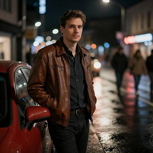 Nighttime City Scene with Red Car