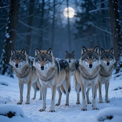 Photograph of five wolves standing in a snowy forest at night, illuminated by a full moon, with snowflakes gently falling.