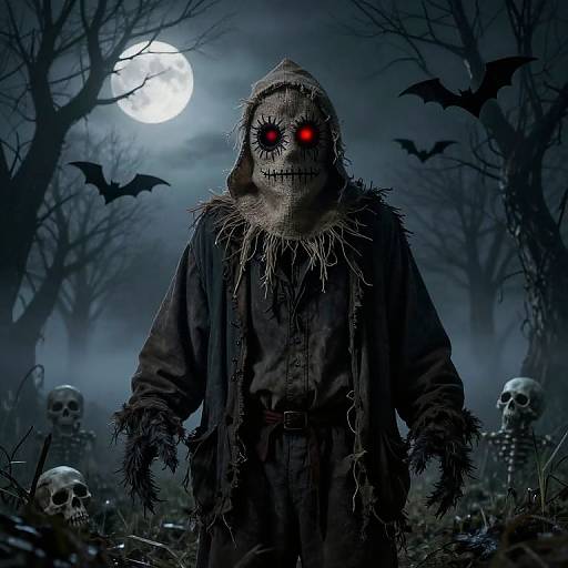 Digital artwork of a hooded figure with a stitched mask, glowing red eyes, in a dark forest under a full moon, surrounded by bats, skulls