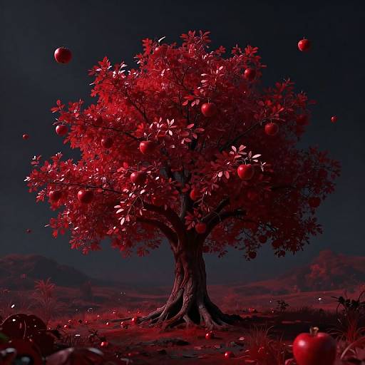 Photorealistic digital artwork of a vibrant red apple tree with glowing red apples floating around, set against a dark, mountainous background.