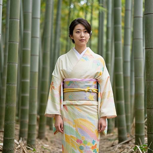 Photograph of an Asian woman in a pastel-colored kimono standing among tall green bamboo stalks in a serene forest.