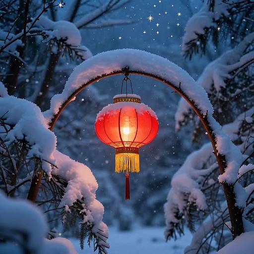Photograph of a vibrant red lantern with yellow fringe hanging on a snow-covered arch in a snow-laden, starry forest night.