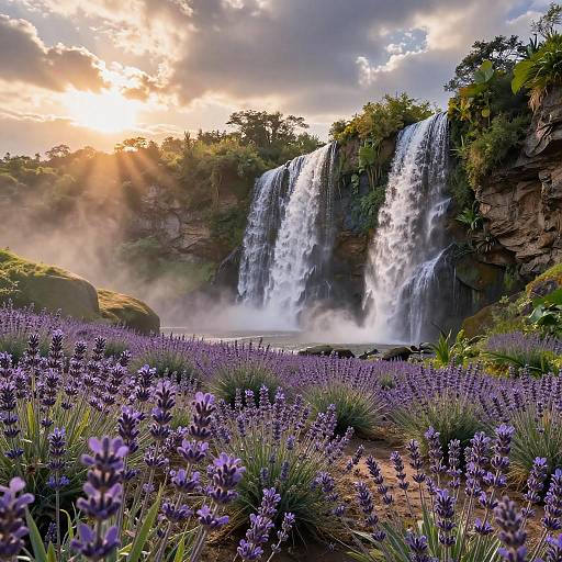 Enchanting Lavender Fields with Waterfalls