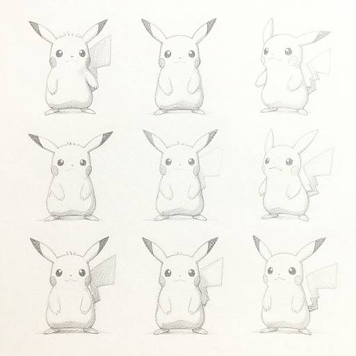Black-and-white pencil sketch of nine identical Pikachu characters, arranged in a 3x3 grid, each with large eyes and pointed ears.