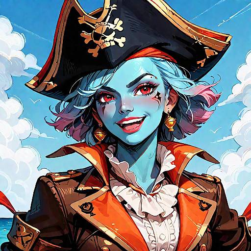 Digital drawing of a blue-skinned pirate with red eyes, wearing a black tricorn hat with a skull emblem, and a brown pirate coat with gold