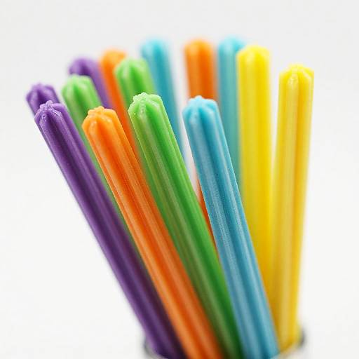 Close-up photograph of colorful, cylindrical, textured crayons in vibrant hues of purple, green, blue, orange, and yellow, arranged in a fan