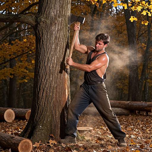 Muscular Lumberman Chopping Oak Tree