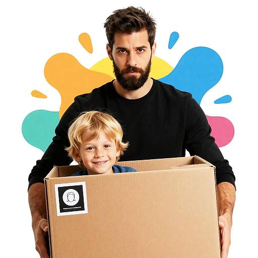 Man and Boy with Box on Abstract Background