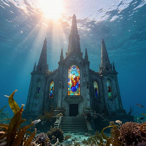 Photograph of an underwater church with sun rays penetrating through, colorful stained glass windows, and coral reefs in the foreground.