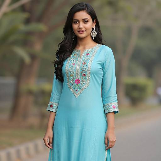 Photograph of a beautiful Indian woman with long black hair, wearing a light blue embroidered kameez, standing outdoors on a blurred tree-lined street.