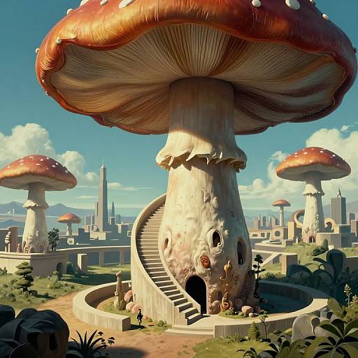 Digital fantasy art: Giant red and white-spotted mushrooms with curving staircases, whimsical cityscape in background, bright blue sky, and small