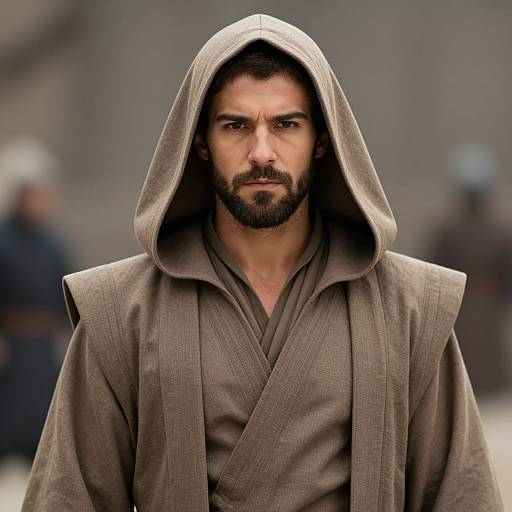 Photograph of a serious, bearded man with dark hair, wearing a brown Jedi robe with a hood, standing against a blurred, gray background.