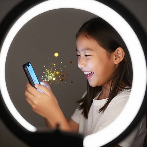 Photograph of a smiling Asian girl with straight black hair, wearing a white shirt, holding a smartphone and laughing, framed by a bright circular light against