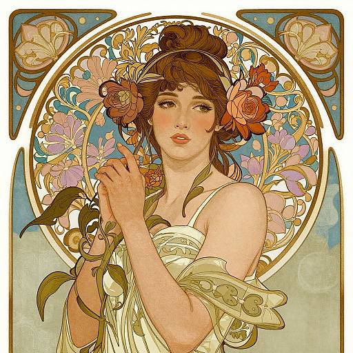 Digital art of a fair-skinned woman with brown hair in an updo, adorned with flowers, wearing a white dress, surrounded by colorful floral patterns