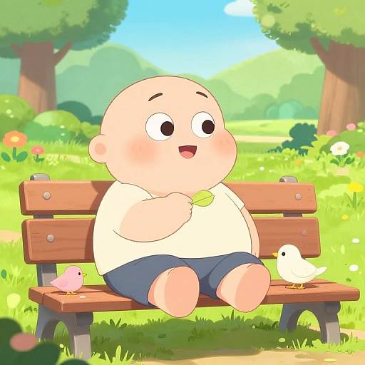 Cartoon-style image of a chubby, bald man with a white shirt and blue shorts sitting on a wooden bench in a sunny, colorful park, with