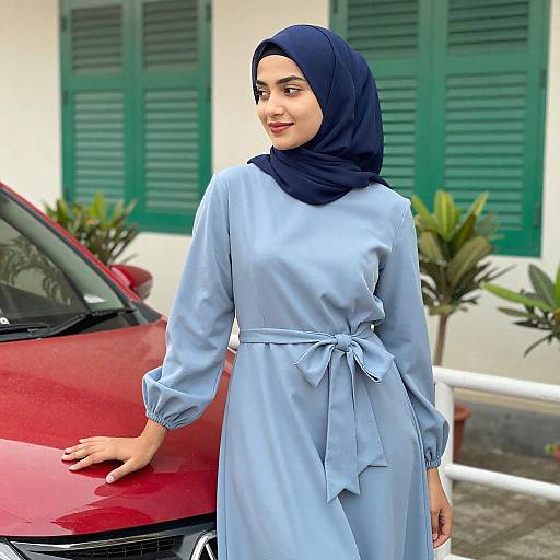 Woman in Blue Hijab by Red Car